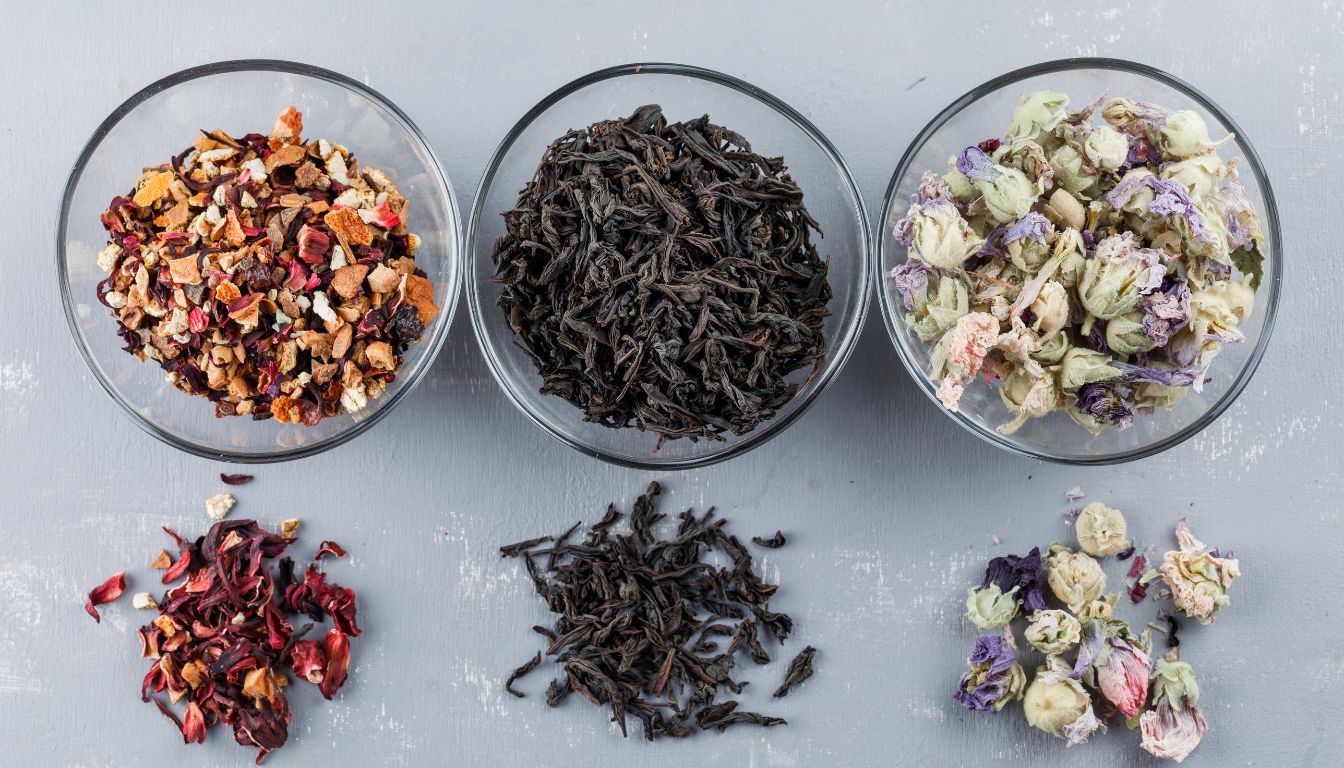 A calming display of dried herbs and flowers in small bowls, arranged on a natural surface, representing remedies for lung cleansing and respiratory health.