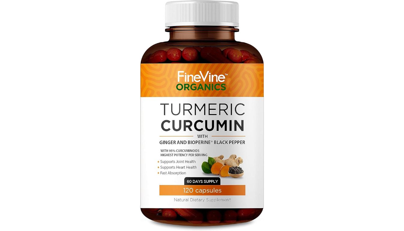 A bottle of Turmeric Curcumin with BioPerine supplement, designed for joint relief and enhanced absorption.