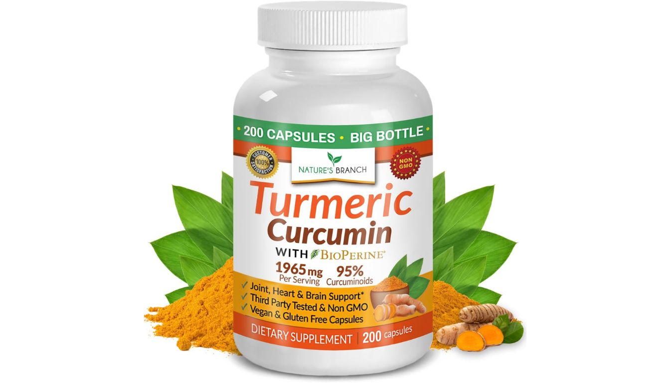 A bottle of Turmeric Curcumin with Black Pepper Extract supplement, featuring a clean white label with bold text and vibrant turmeric roots in the background.