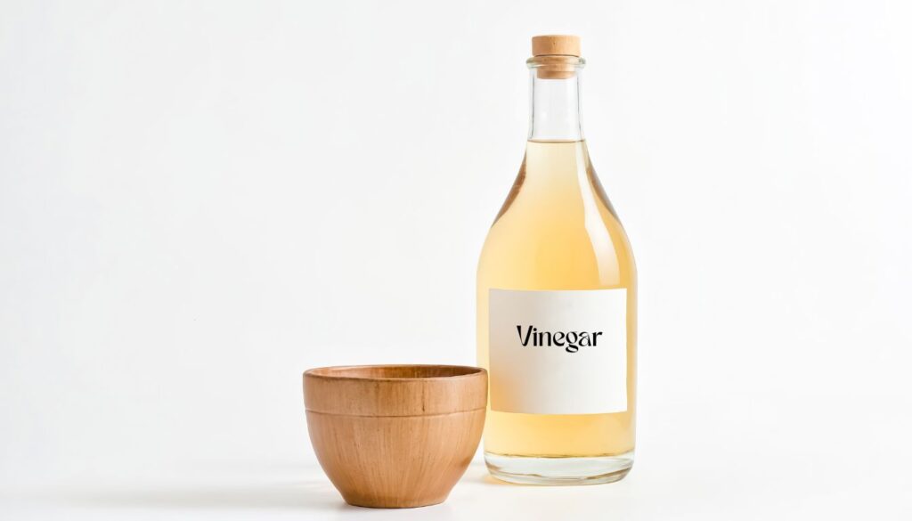 A bottle of vinegar placed beside a small wooden bowl on a bright, neutral background, symbolizing vinegar as a common household item.