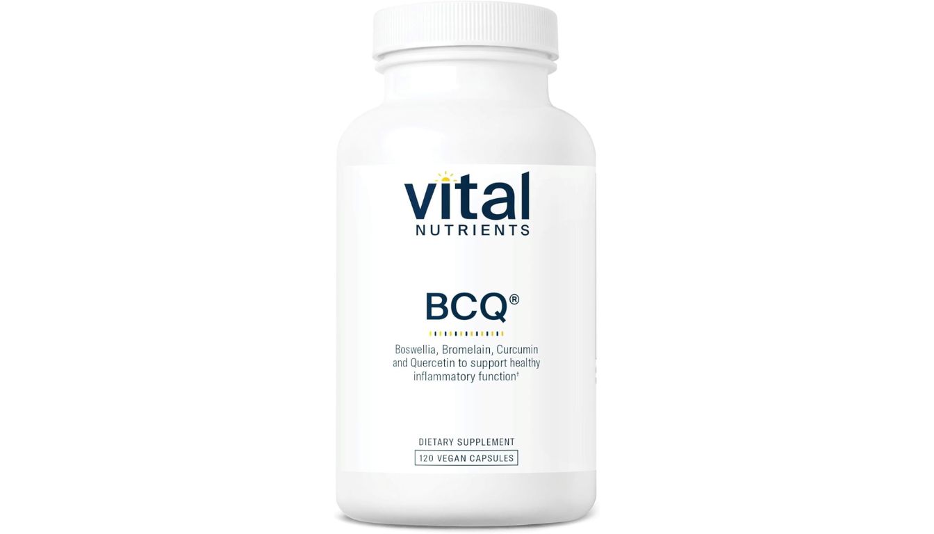 A bottle of Vital Nutrients BCQ Supplement with a white cap and a label highlighting its key ingredients: Boswellia, Bromelain, Curcumin, and Quercetin.