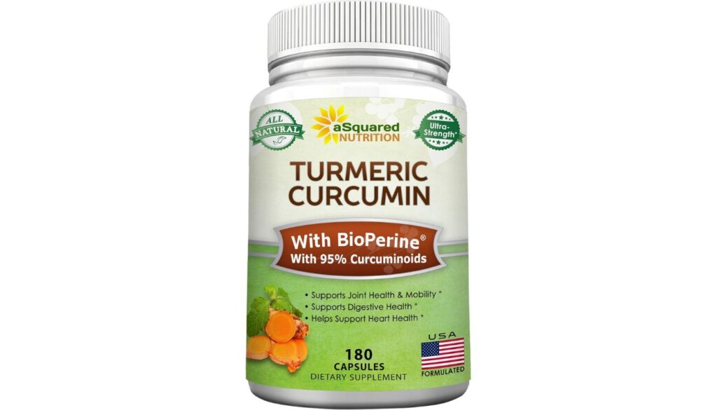 A bottle of aSquared Nutrition Turmeric Curcumin 1300mg with BioPerine, featuring a clean white label with bold text and turmeric root illustrations.