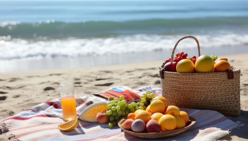 A vibrant assortment of summer fruits, including watermelon, mangoes, strawberries, and blueberries, arranged on a wooden table with a refreshing glass of fruit juice.