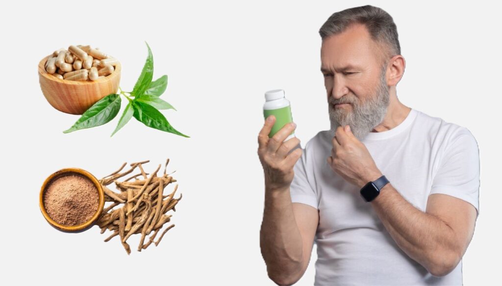A wooden bowl filled with Ashwagandha powder, surrounded by fresh green leaves and dried roots, symbolizing its natural and health-boosting properties.