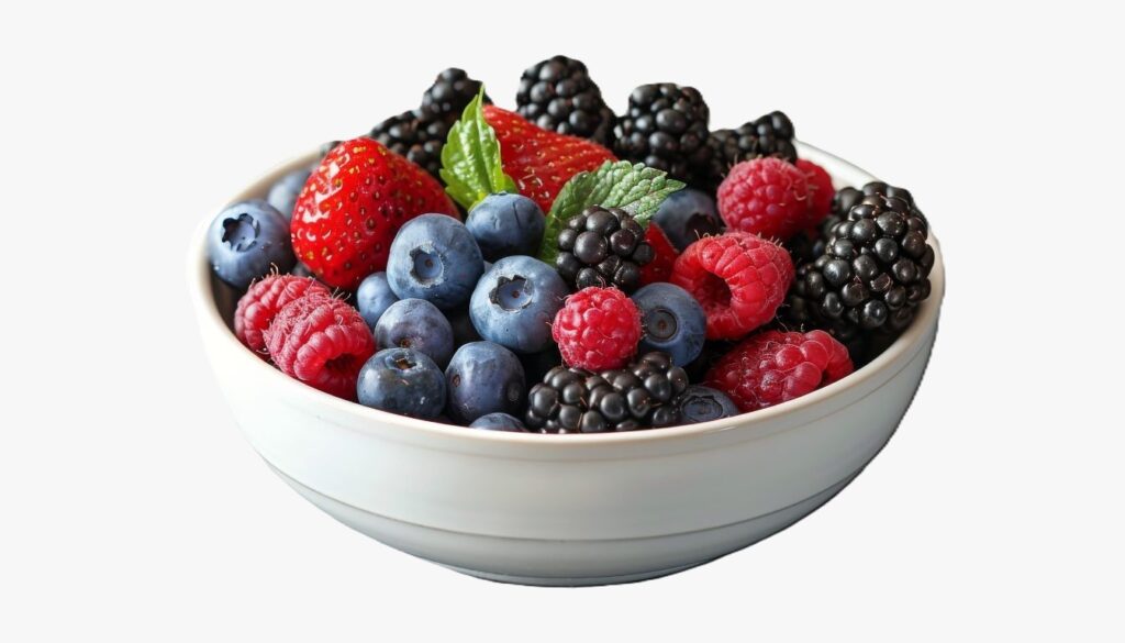 vibrant assortment of fresh berries, including strawberries, blueberries, raspberries, and blackberries, displayed in a bowl.