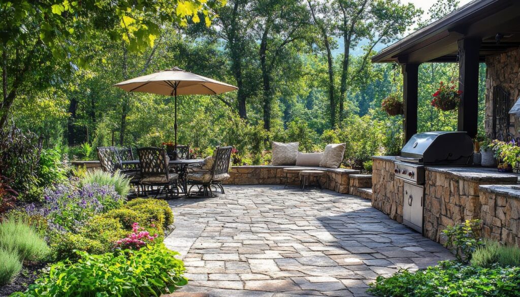 A stylish outdoor patio featuring elegant wooden decking surrounded by lush greenery, with a cozy seating area including cushioned chairs, a coffee table, and decorative plants.