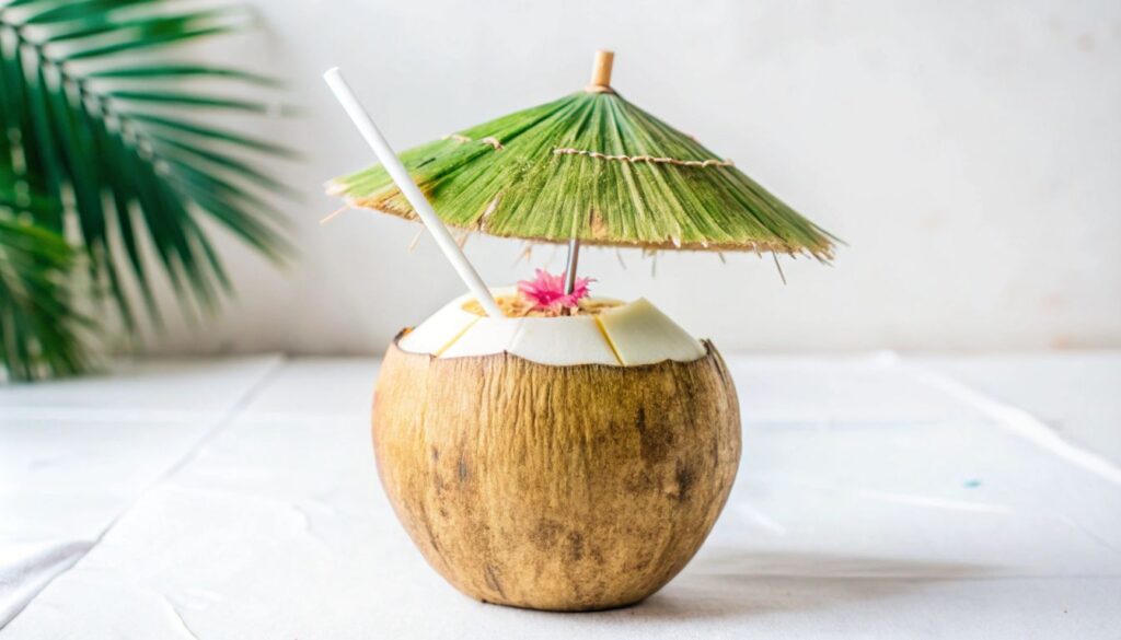 A fresh coconut with a straw and a decorative green umbrella, accented by a pink flower and a palm leaf in a tropical setting.