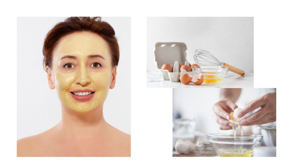 A glass bowl with whisked egg whites, surrounded by fresh eggs, a whisk, and a small jar of honey on a wooden countertop.