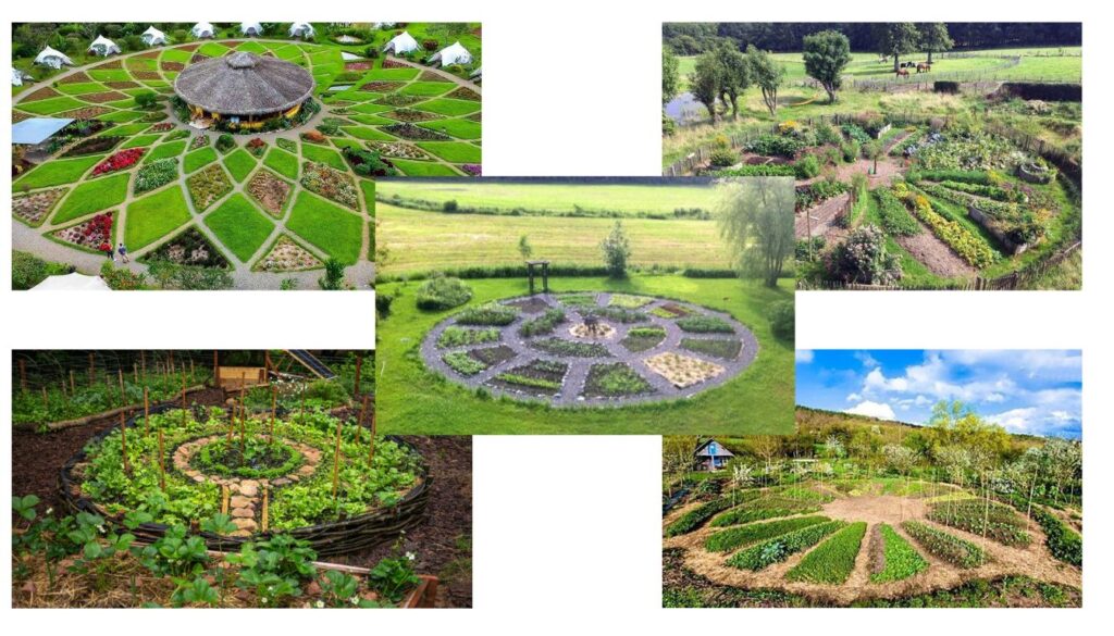 An intricate mandala garden with colorful circular patterns made of flowers, herbs, and gravel, surrounded by greenery and a serene outdoor setting.