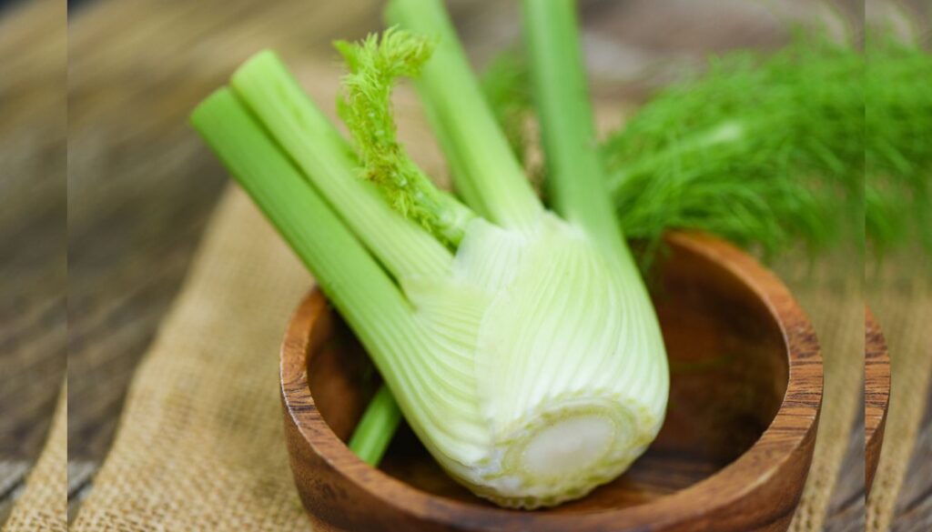 A fresh fennel bulb with stalks and fronds, displayed on a rustic wooden table alongside aromatic herbs.