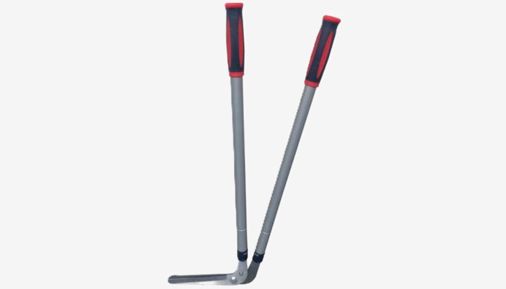 A pair of sharp, stainless-edged shears with ergonomic handles resting beside a neatly trimmed garden border.