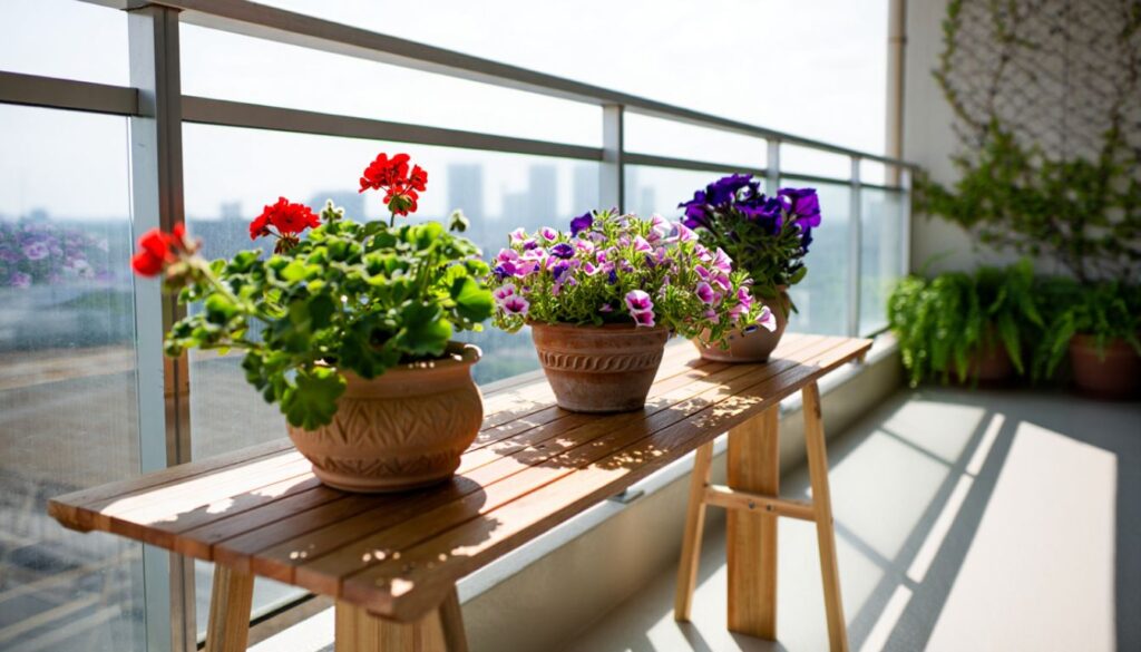 A balcony featuring a wooden table with three vibrant potted plants red geraniums, purple petunias, and deep purple pansies set against a glass railing and lush greenery in the background.