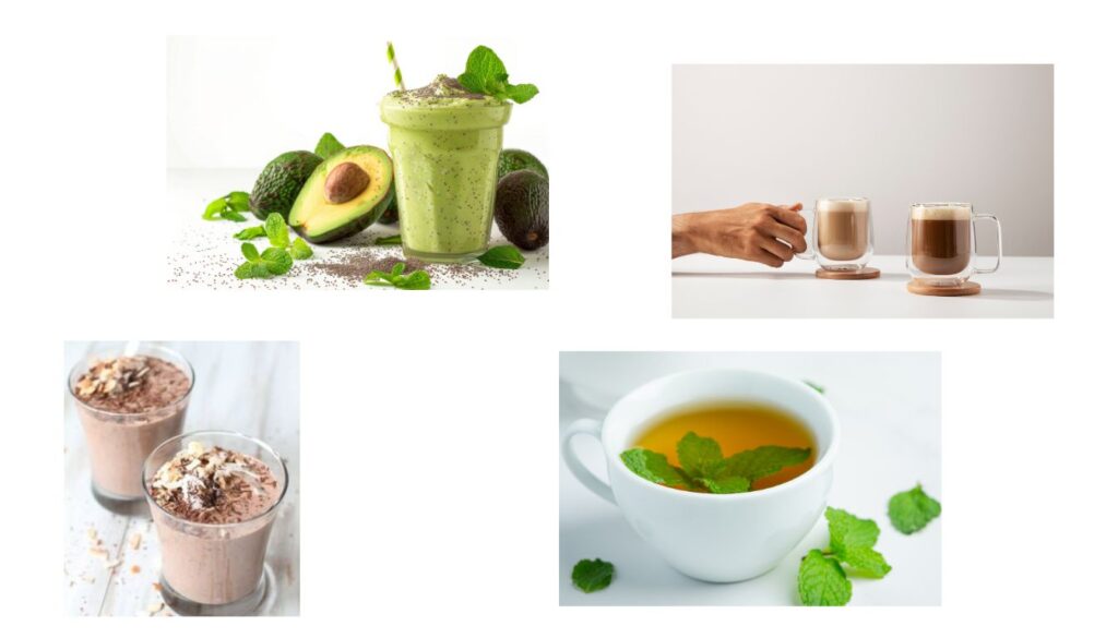 A selection of ketogenic drinks including a green smoothie, coffee, chocolate shakes, and mint tea, elegantly arranged with their key ingredients.