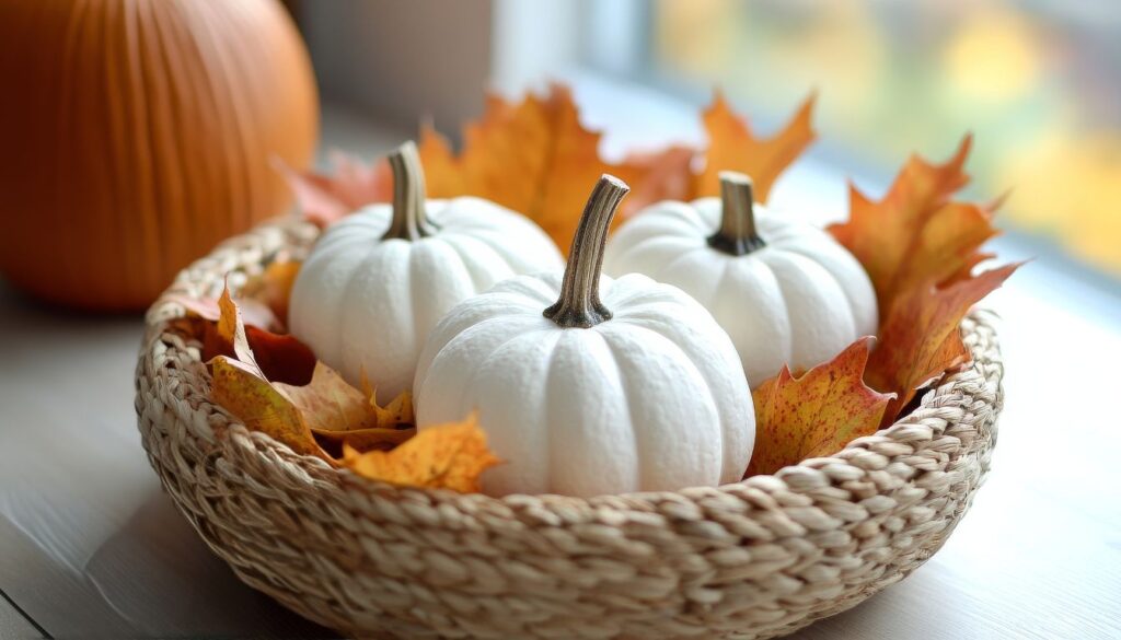 A collection of ghost pumpkins with smooth white skin, placed on a wooden table surrounded by garden tools and a lush green background.