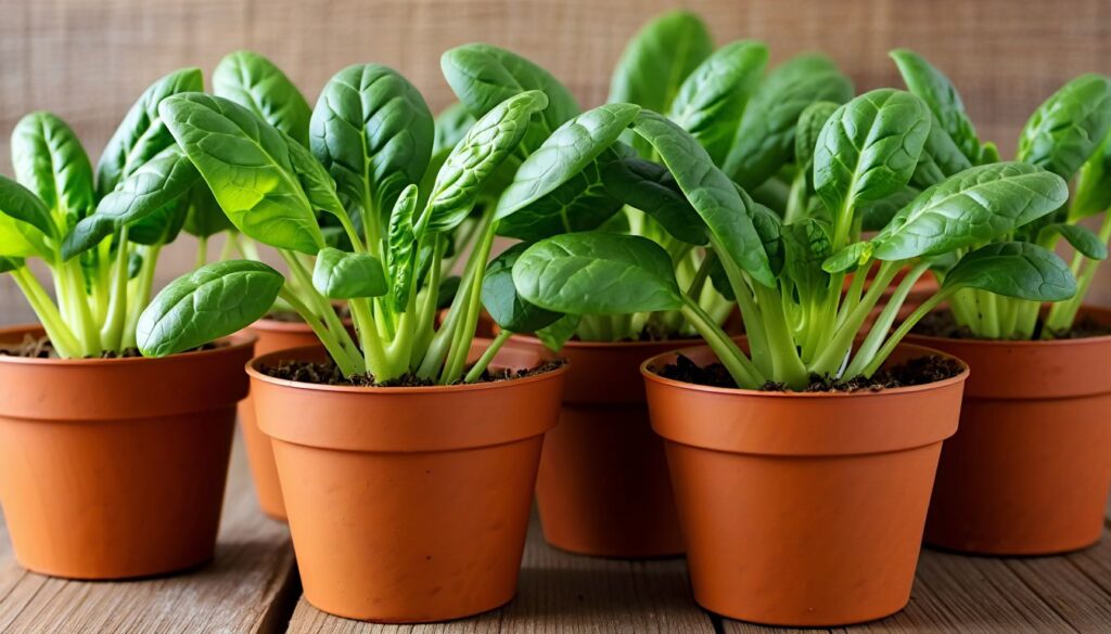 A sunny balcony with a pot of lush spinach, its crisp green leaves thriving in an urban garden.