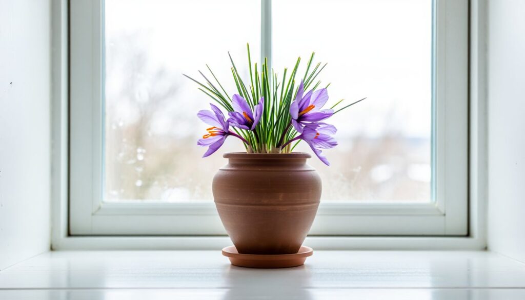 A terracotta pot filled with blooming purple saffron flowers, placed on a sunny windowsill with a cozy backdrop.