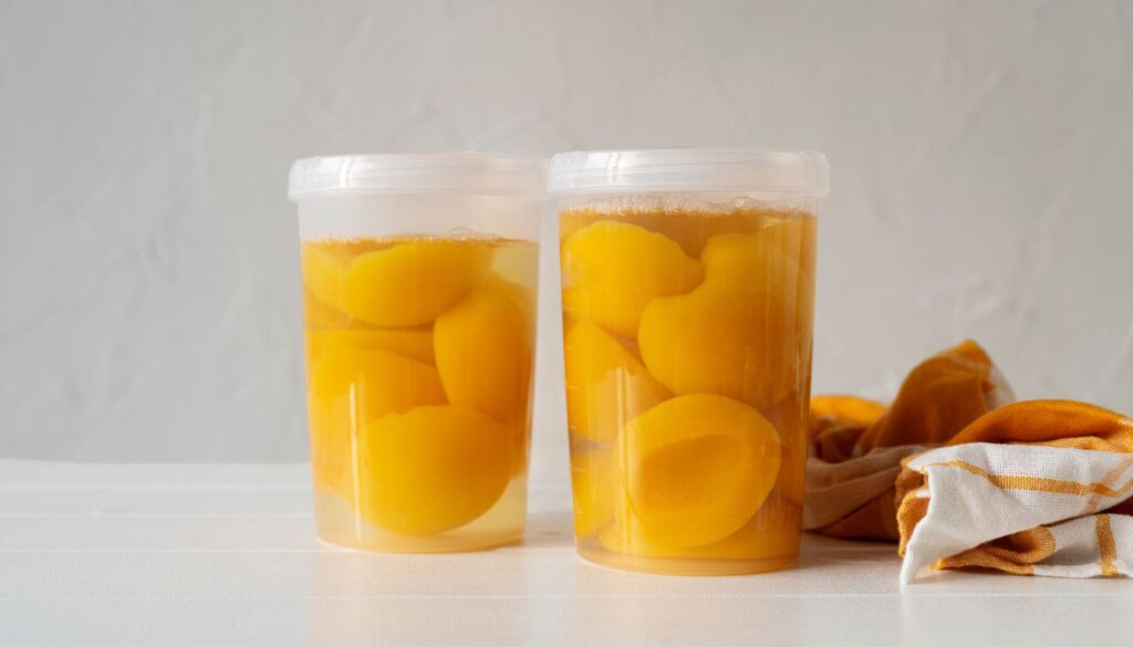 A close-up view of canned peach halves in light syrup inside clear plastic containers, arranged on a white surface with a checkered cloth beside them.