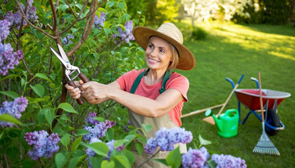 A gardener wearing gloves trims a lilac bush with vibrant purple flowers using pruning shears in a sunny backyard.