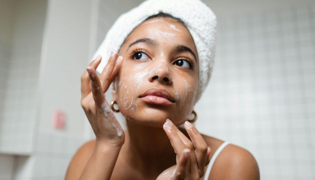 A person gently applying milk of magnesia to their face in front of a bathroom mirror, with visible skincare products in the background.