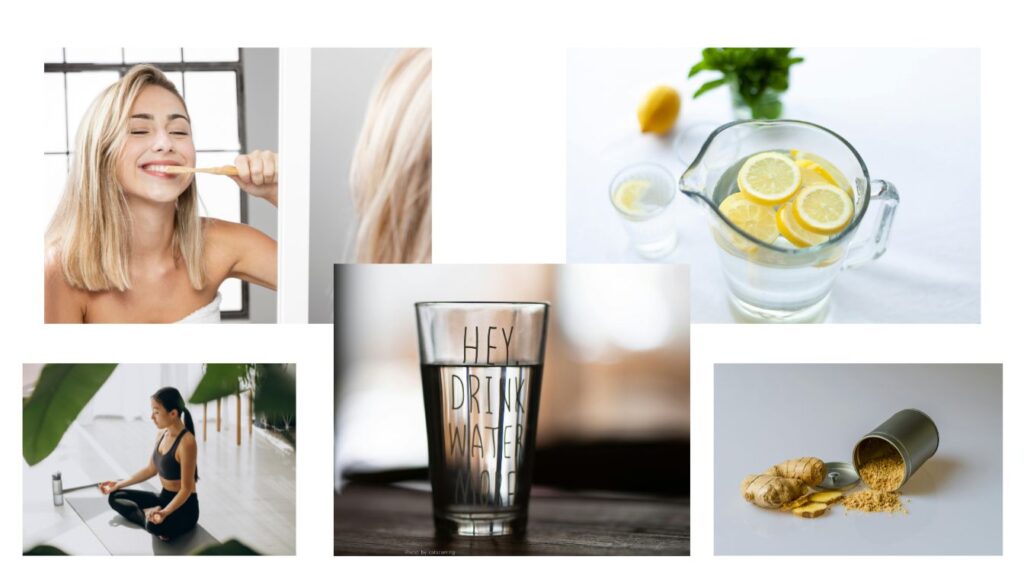 A collage of images showcasing natural remedies for hypersalivation, including oral care, hydration, and relaxation techniques.