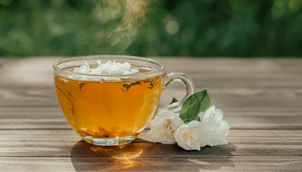 A glass teapot pouring aromatic jasmine tea into a clear glass cup, surrounded by loose jasmine tea leaves and fresh jasmine flowers.
