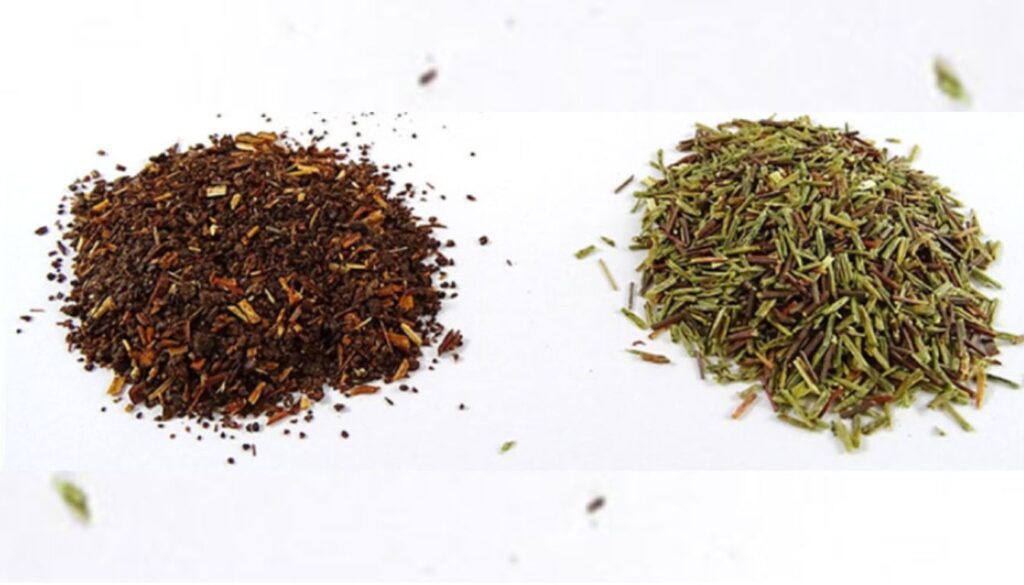 Two distinct piles of dried plant material on a white surface; one pile consists of small, dark brown pieces, while the other features long, thin, green pieces.