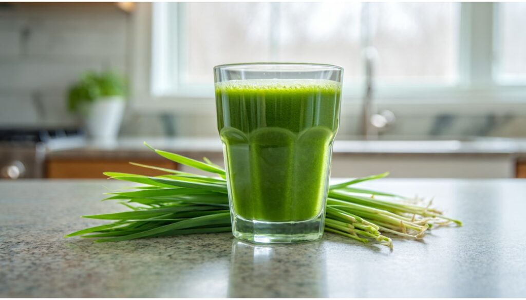 A glass of vibrant green wheatgrass juice on a kitchen counter, accompanied by a handful of fresh wheatgrass leaves.