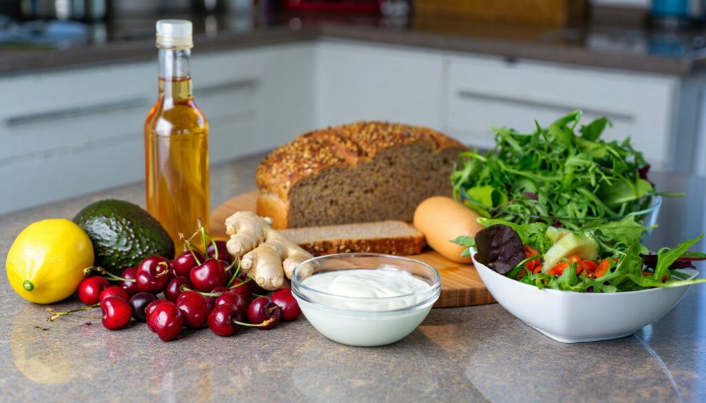Rustic arrangement of cherries, ginger, lemon wedges, and a bottle of apple cider vinegar on a wooden table, symbolizing natural home remedies.