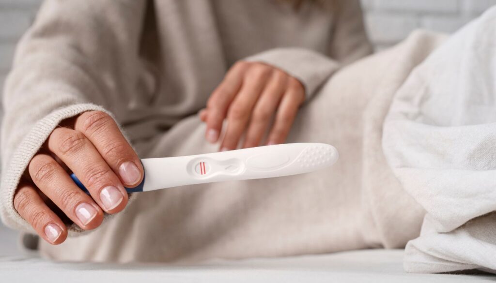 Close-up of a hand holding a pregnancy test displaying two positive red lines in a serene home setting.