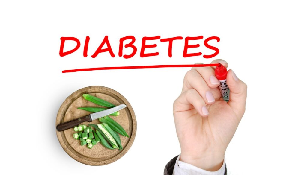 "A hand writing 'DIABETES' in bold red with a marker, beside a wooden plate showcasing whole and sliced okra with a knife, symbolizing okra's nutritional role in diabetes management.