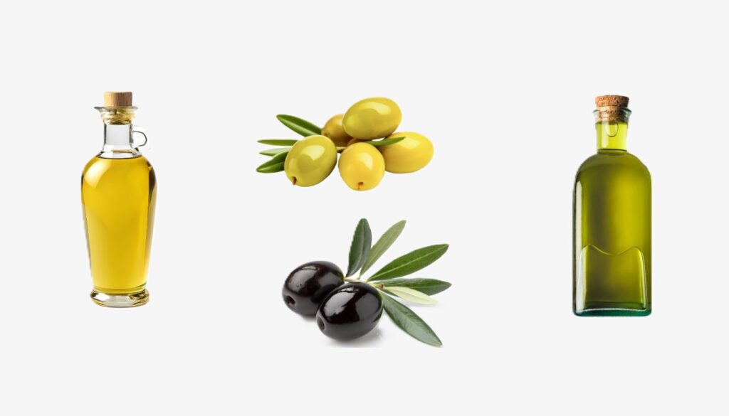 Two bottles of olive oil side-by-side: a clear bottle representing regular olive oil and a green bottle for extra virgin, with clusters of green and black olives.