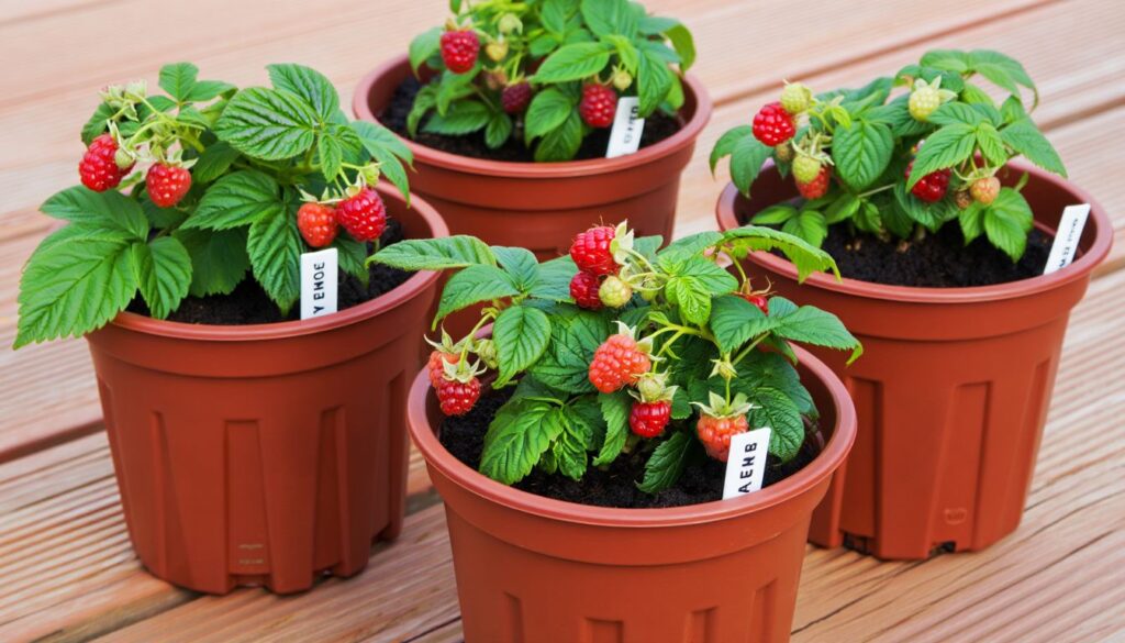 A container overflowing with vibrant red raspberries amid lush green foliage on a sunny porch.