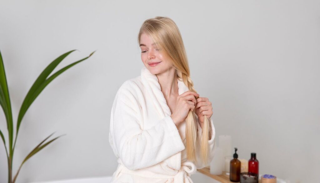 A woman applying a DIY hair mask with a brush, surrounded by natural ingredients like honey, eggs, and oils on a table.