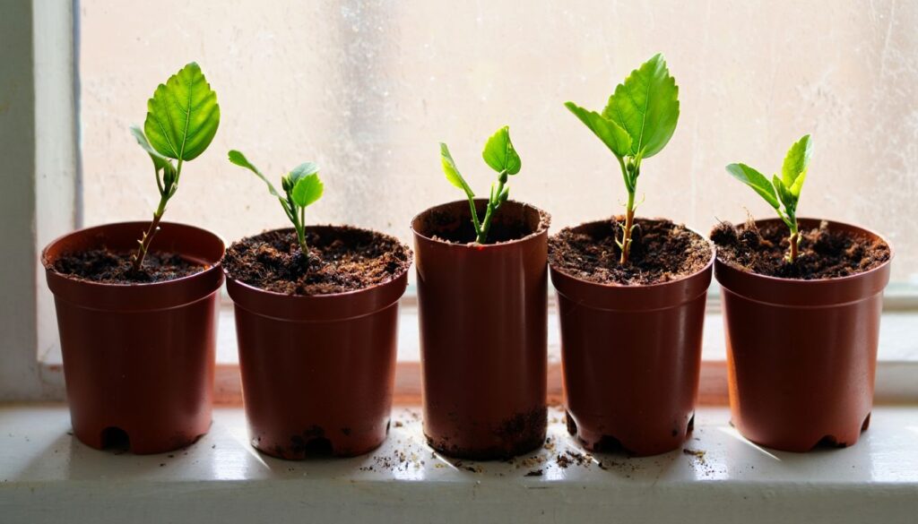 A freshly rooted hibiscus cutting in a small pot, showing green leaves and a young stem thriving under sunlight.