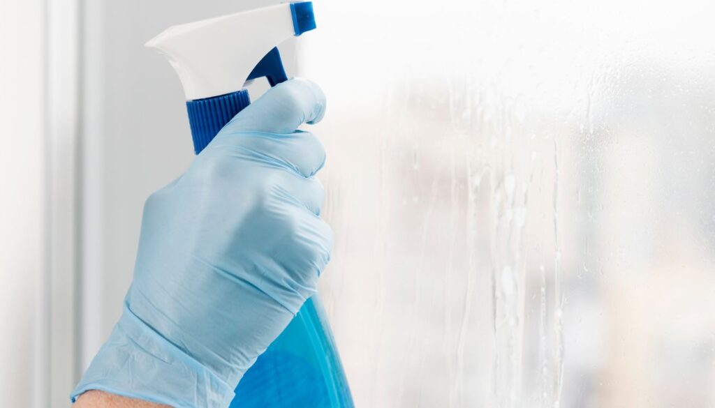 A spray bottle filled with a tea tree oil cleaning solution, placed on a countertop alongside a cloth and natural ingredients like lemon slices and baking soda.