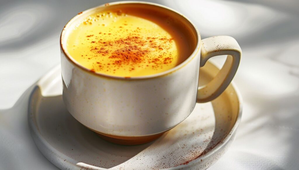 A cup of vibrant turmeric milk sprinkled with cinnamon, set on a matching saucer.