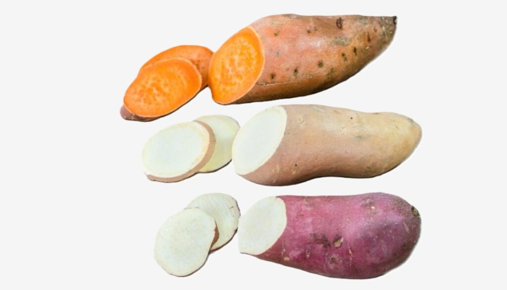 A basket filled with fresh yams of various sizes and colors, placed on a rustic wooden table, showcasing their natural appeal.