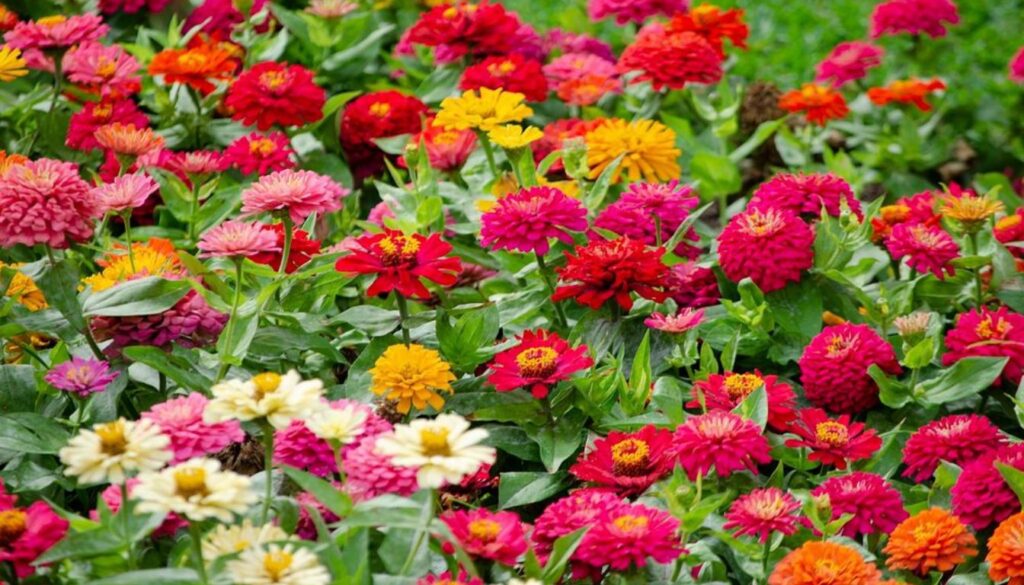 A vibrant garden filled with colorful annual flowers, including bright marigolds, petunias, and zinnias, creating a lively and cheerful outdoor space.