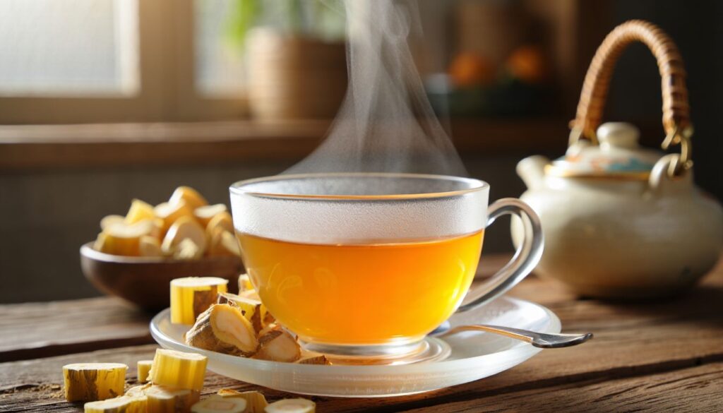 A steaming cup of astragalus tea with a golden hue, accompanied by a few fresh astragalus roots on a rustic table.