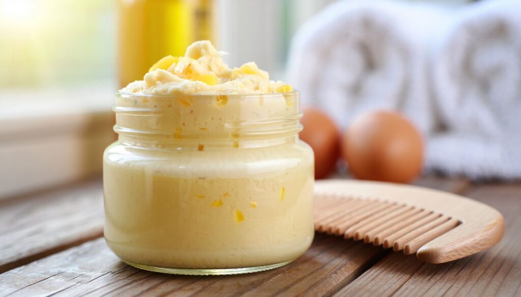 A jar of homemade egg-based hair conditioner placed on a wooden table, accompanied by a comb, two eggs, and two neatly folded towels, near a sunlit window.