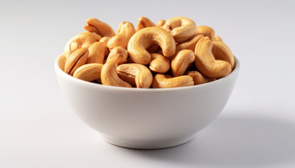 A close-up of raw cashew nuts artfully arranged on a rustic wooden surface, symbolizing natural vitality and energy.