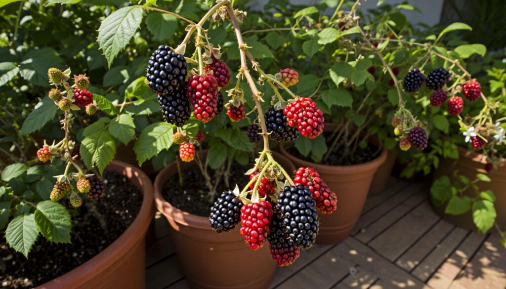 A thriving blackberry bush in a large container on an urban balcony, showcasing lush green leaves and clusters of ripe berries.
