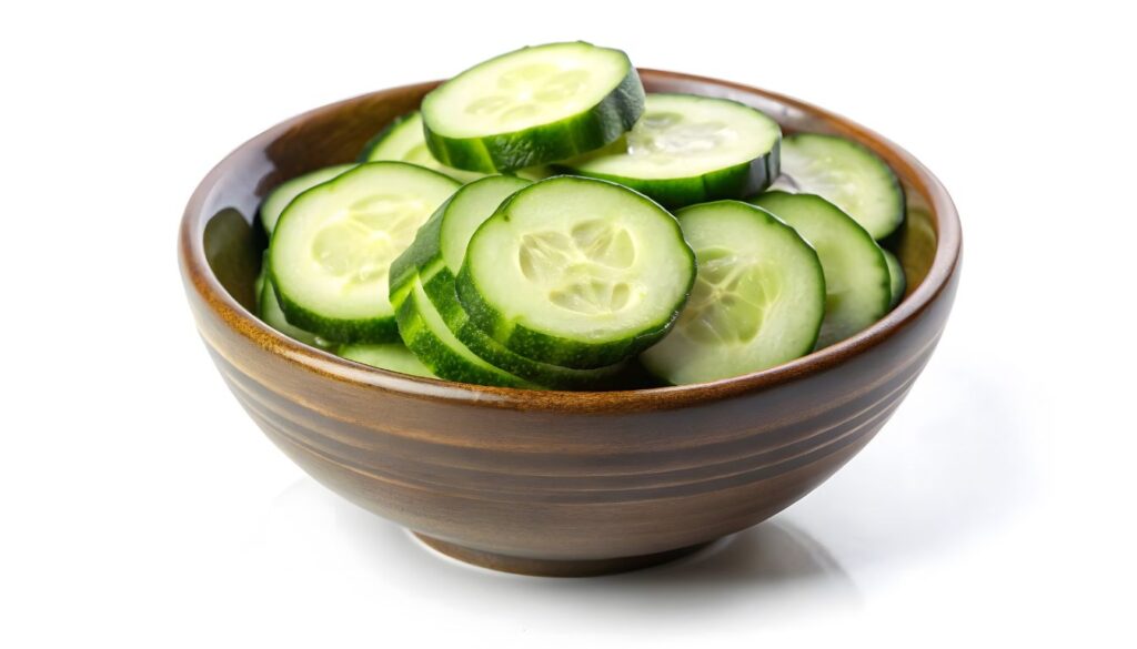 A fresh cucumber sliced in half, resting on a wooden cutting board with a few cucumber slices arranged neatly beside it.