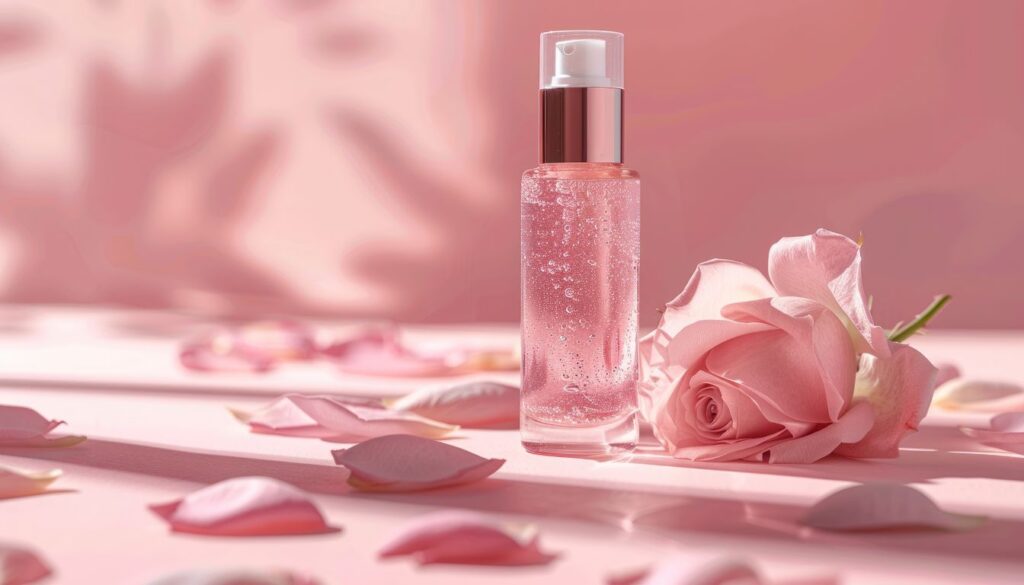 Clear glass bottle of rose water surrounded by scattered rose petals and one blooming rose on a soft pink background.