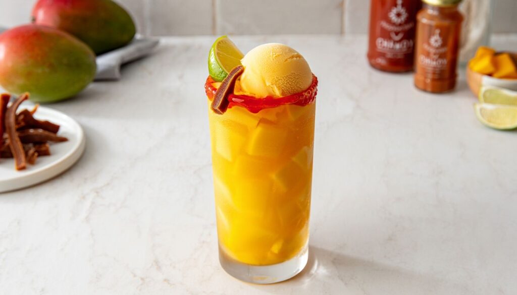 A tall clear glass filled with vibrant mangonada—a layered blend of smooth mango puree, ice, and a drizzle of chamoy, garnished with a lime wedge and tamarind candy.