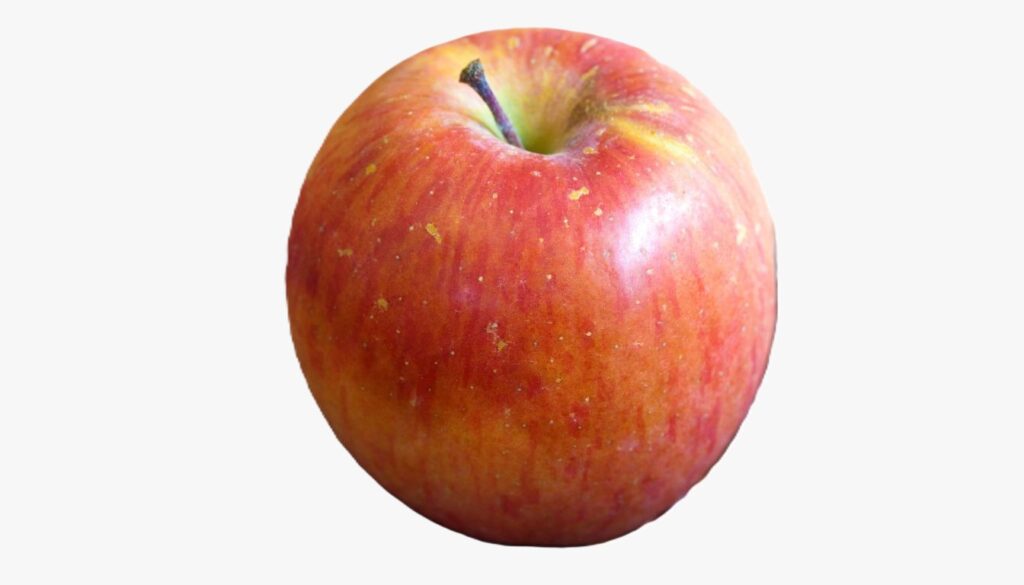 A ripe, glossy red Fuji apple with crisp texture set against a rustic background.