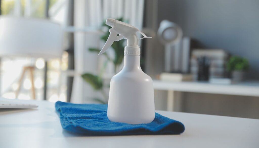 A sleek, modern bottle of Eco Shield disinfectant spray, labeled with natural and non-toxic credentials, set on a clean white surface.