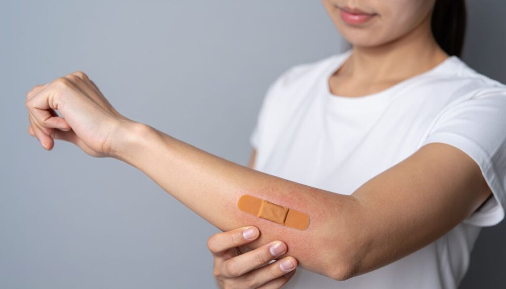 A person gently applying a natural remedy to a red, irritated patch on their forearm, symbolizing soothing relief from Elastoplast allergy.