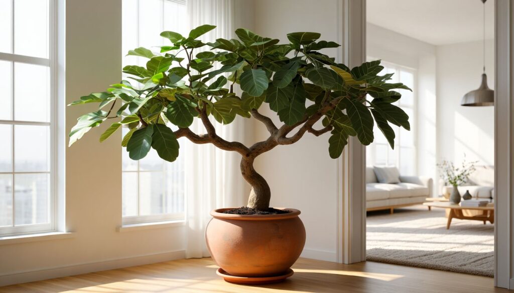 A lush indoor fig tree with vibrant green leaves, placed in a stylish pot near a sunlit window, enhancing the room’s ambiance.