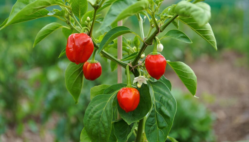 A thriving pimento pepper plant growing in a garden, with vibrant red peppers hanging among lush green leaves.